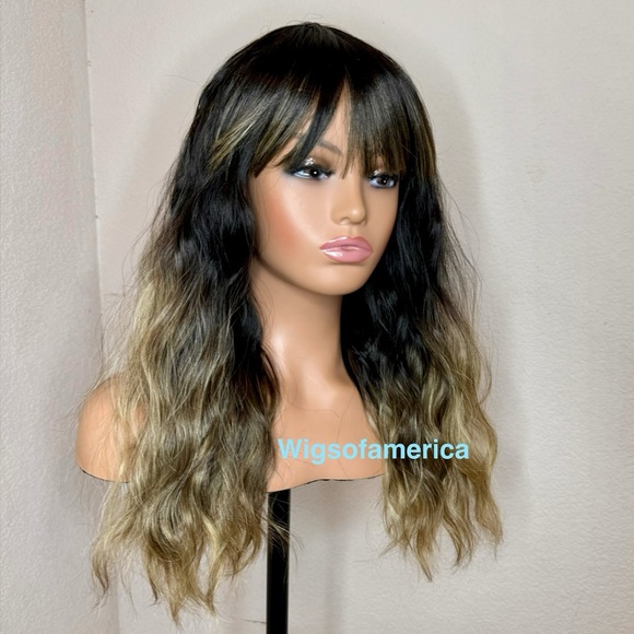 Bob wig with bangs 18 inches long Heat ok ash green ombre black - Picture 3 of 9